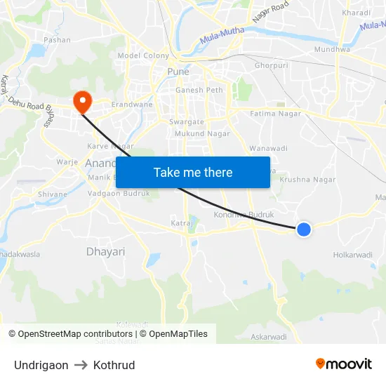 Undrigaon to Kothrud map