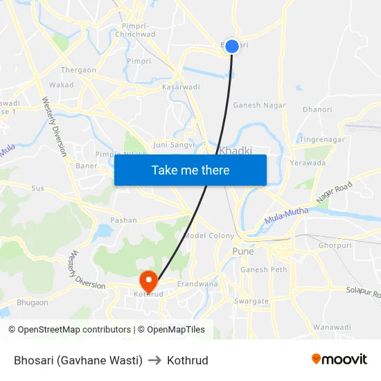Bhosari (Gavhane Wasti) to Kothrud map