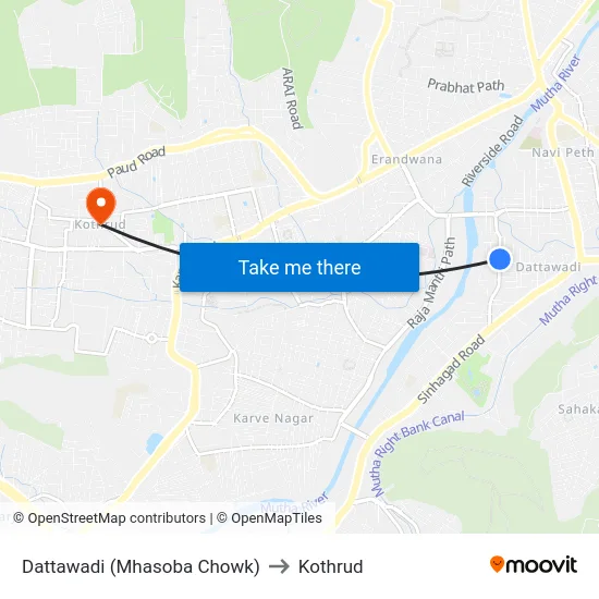 Dattawadi (Mhasoba Chowk) to Kothrud map