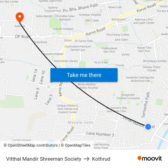 Vitthal Mandir Shreeman Society to Kothrud map