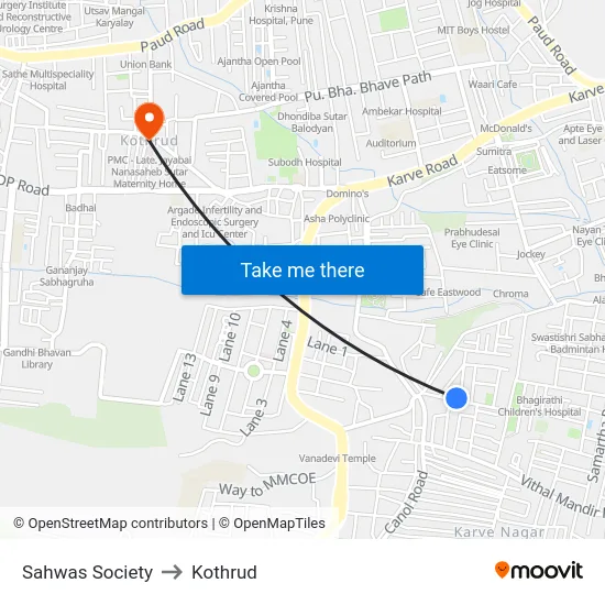 Sahwas Society to Kothrud map