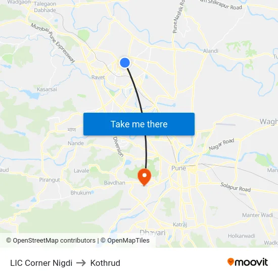 LIC Corner Nigdi to Kothrud map