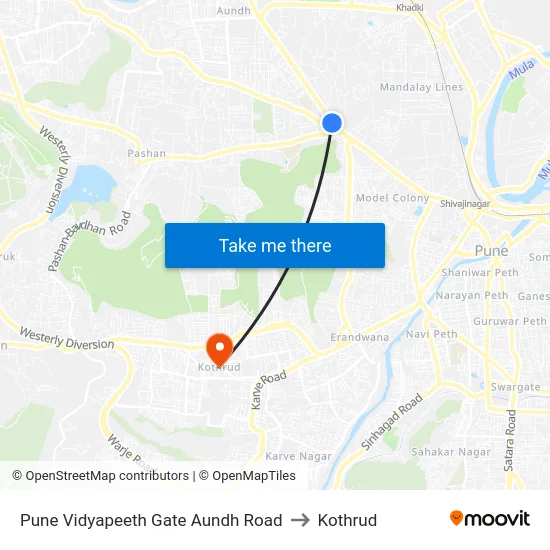 Pune Vidyapeeth Gate Aundh Road to Kothrud map