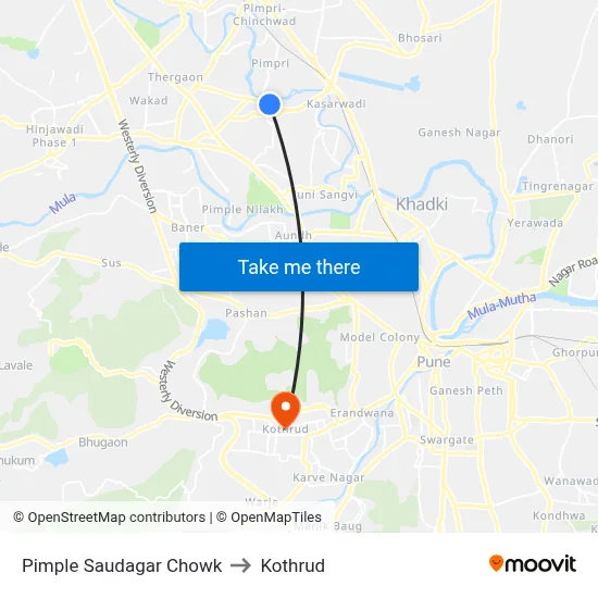 Pimple Saudagar Chowk to Kothrud map