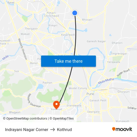 Indrayani Nagar Corner to Kothrud map
