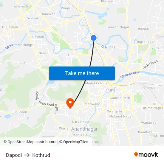 Dapodi to Kothrud map