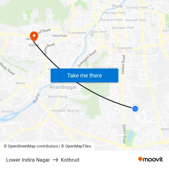 Lower Indira Nagar to Kothrud map