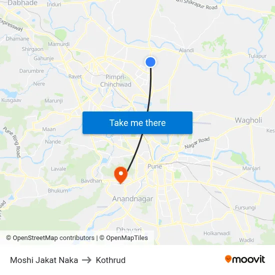 Moshi Jakat Naka to Kothrud map