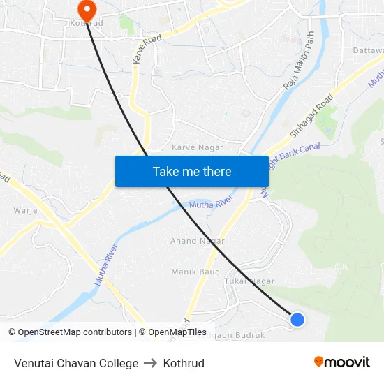 Venutai Chavan College to Kothrud map