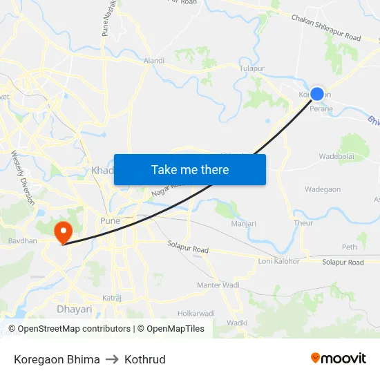 Koregaon Bhima to Kothrud map