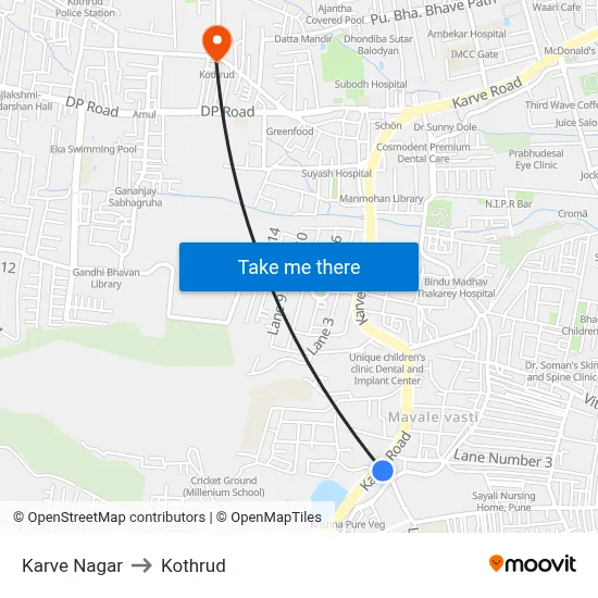 Karve Nagar to Kothrud map