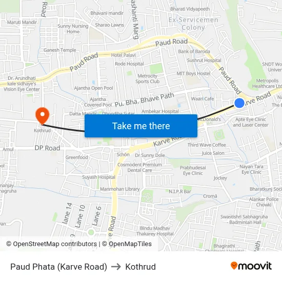 Paud Phata - Karve Road to Kothrud map