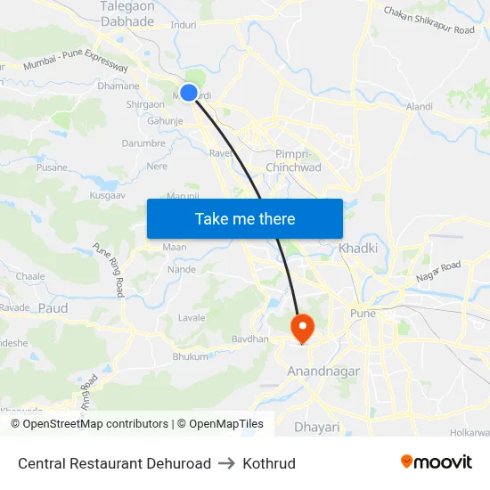 Central Restaurant Dehuroad to Kothrud map