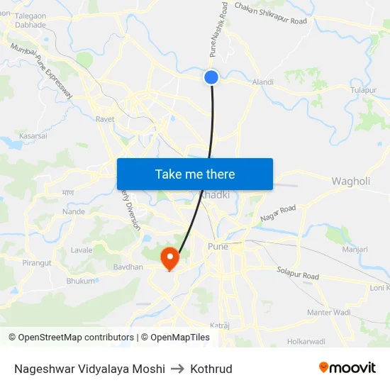 Nageshwar Vidyalaya Moshi to Kothrud map
