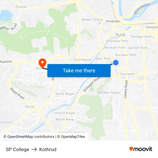 SP College to Kothrud map