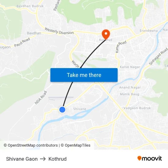 Shivane Gaon to Kothrud map