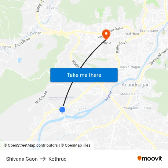 Shivane Gaon to Kothrud map