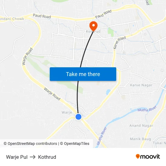 Warje Pul to Kothrud map