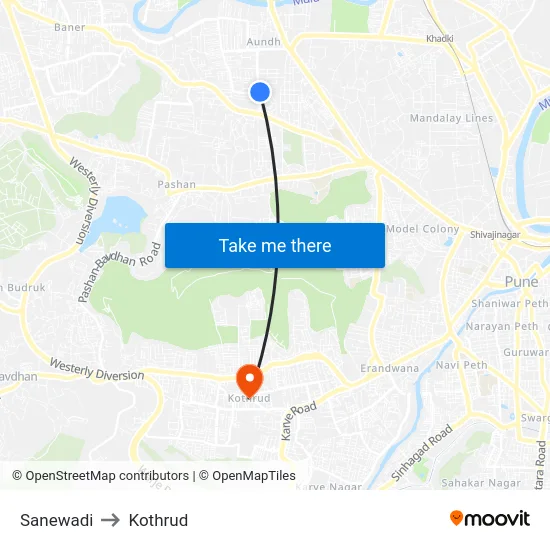 Sanewadi to Kothrud map
