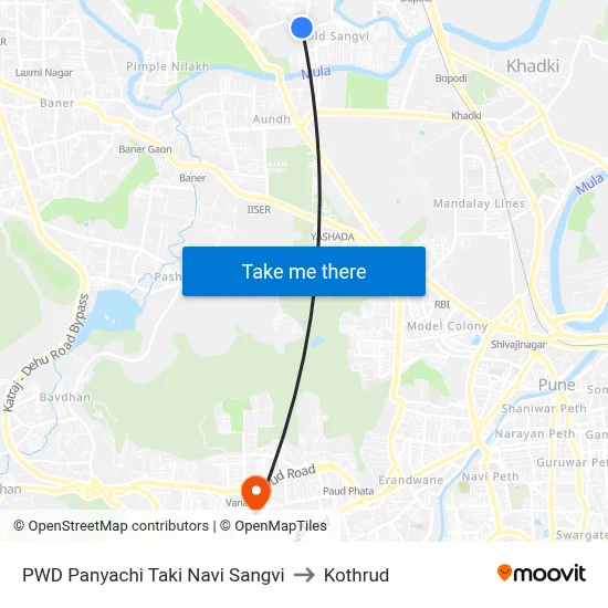 PWD Panyachi Taki Navi Sangvi to Kothrud map