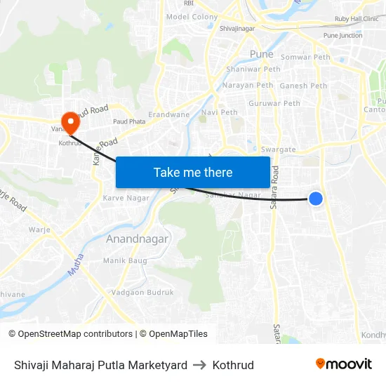Shivaji Maharaj Putla Marketyard to Kothrud map