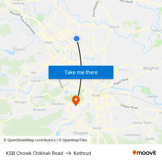 KSB Chowk Chikhali Road to Kothrud map