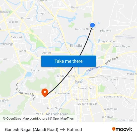 Ganesh Nagar (Alandi Road) to Kothrud map
