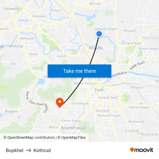 Bopkhel to Kothrud map