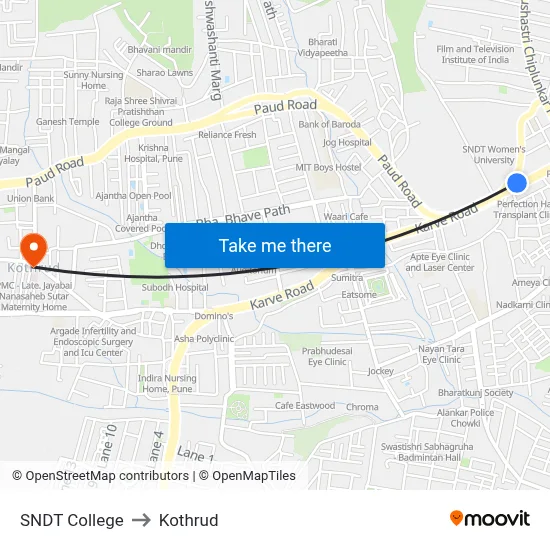 SNDT College to Kothrud map