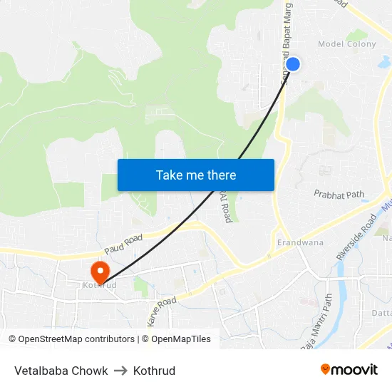 Vetalbaba Chowk to Kothrud map