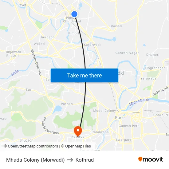 Mhada Colony (Morwadi) to Kothrud map