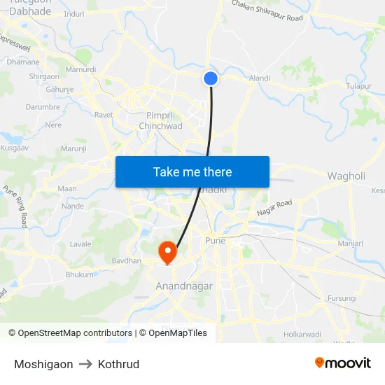 Moshigaon to Kothrud map