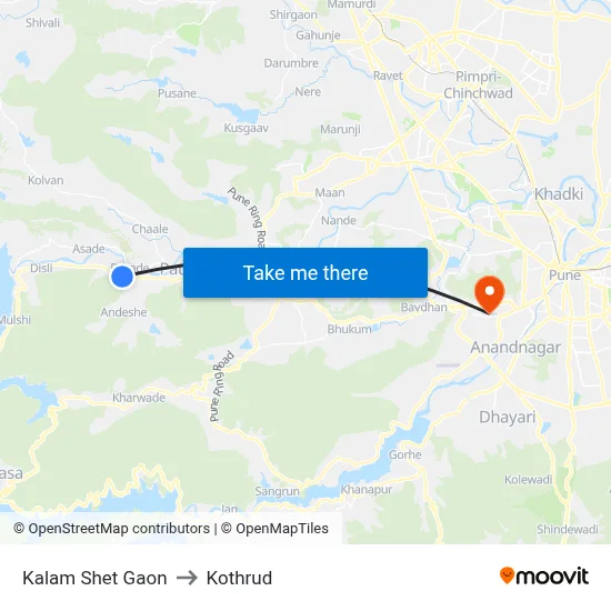 Kalam Shet Gaon to Kothrud map