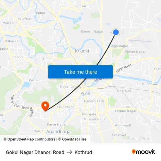 Gokul Nagar Dhanori Road to Kothrud map
