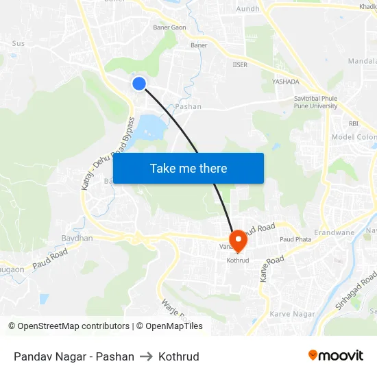 Pandav Nagar - Pashan to Kothrud map