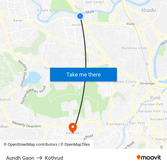 Aundh Gaon to Kothrud map