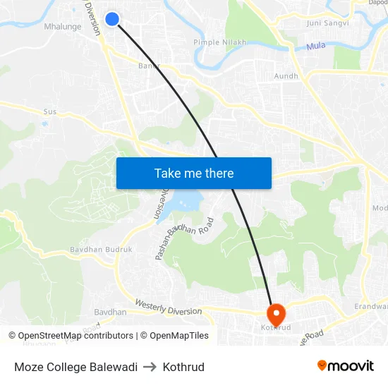 Moze College Balewadi to Kothrud map