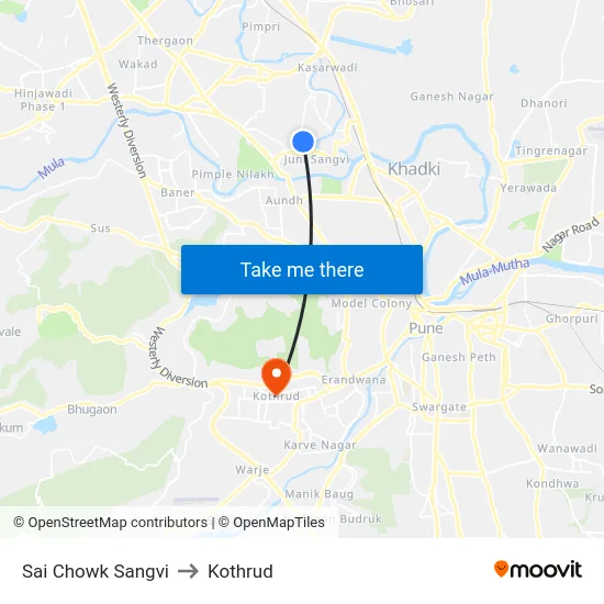 Sai Chowk Sangvi to Kothrud map