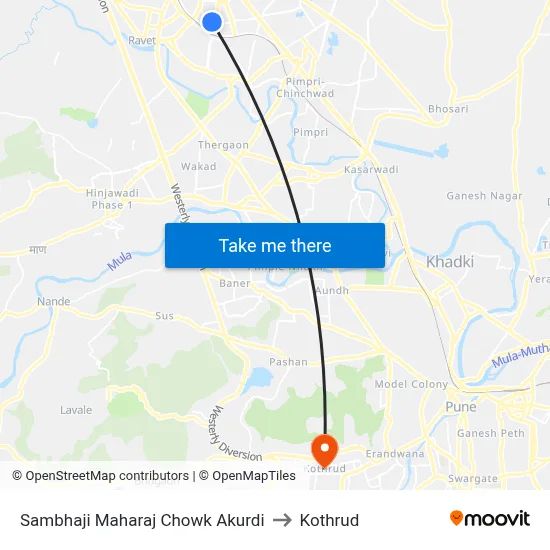 Sambhaji Maharaj Chowk Akurdi to Kothrud map