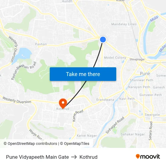 Pune Vidyapeeth Main Gate to Kothrud map