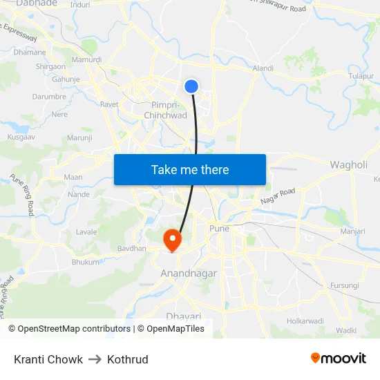 Kranti Chowk to Kothrud map