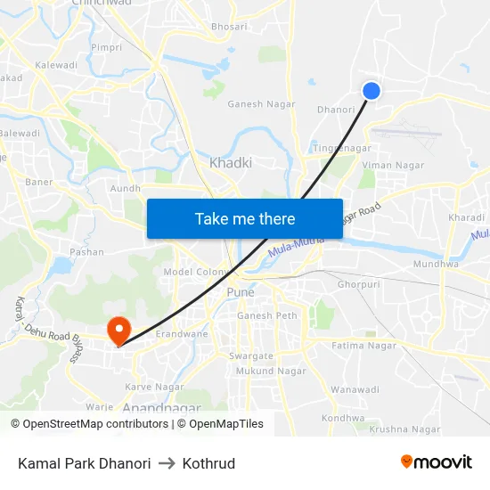 Kamal Park Dhanori to Kothrud map