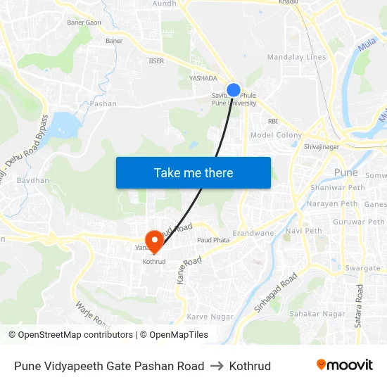 Pune Vidyapeeth Gate Pashan Road to Kothrud map