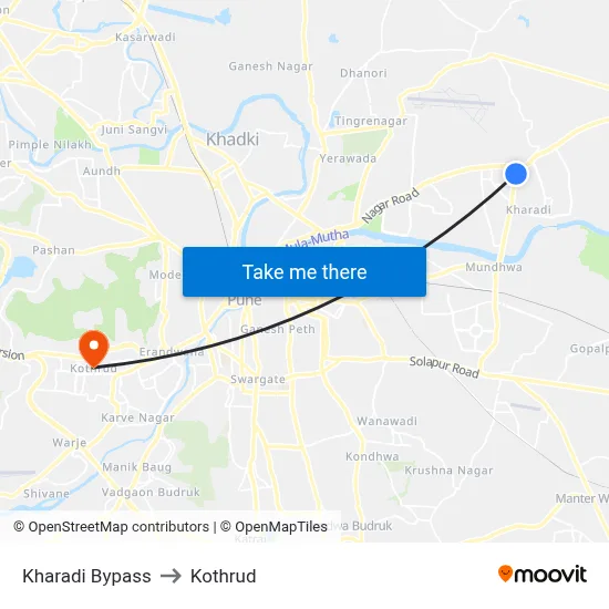 Kharadi Bypass to Kothrud map