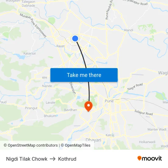 Nigdi Tilak Chowk to Kothrud map