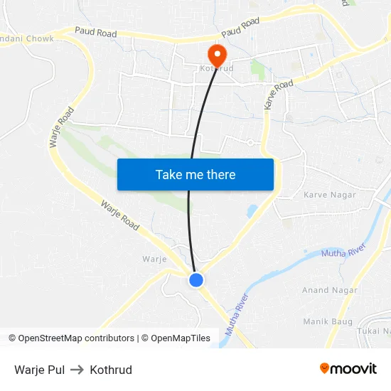 Warje Pul to Kothrud map