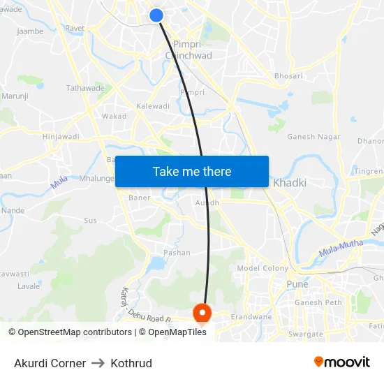 Akurdi Corner to Kothrud map