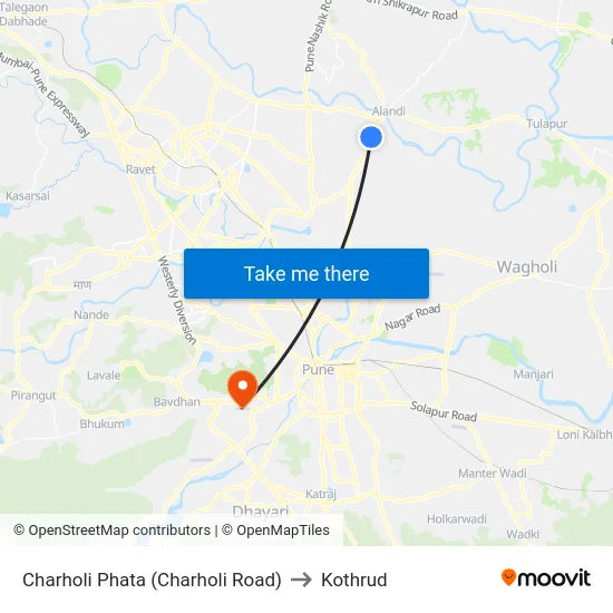 Charholi Phata (Charholi Road) to Kothrud map