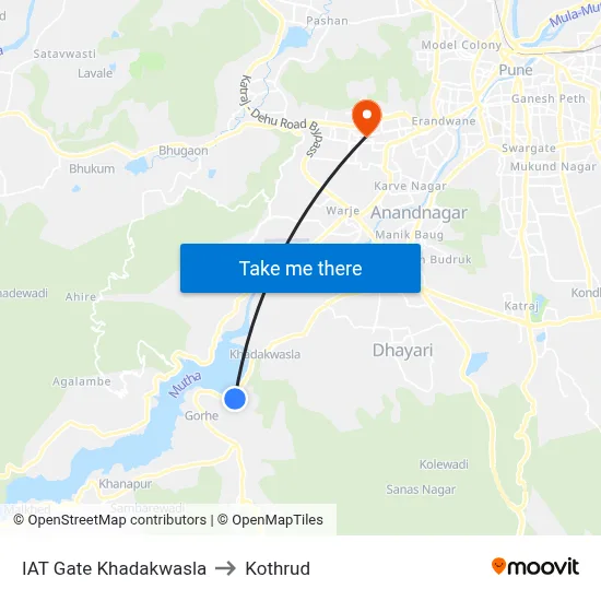 IAT Gate Khadakwasla to Kothrud map