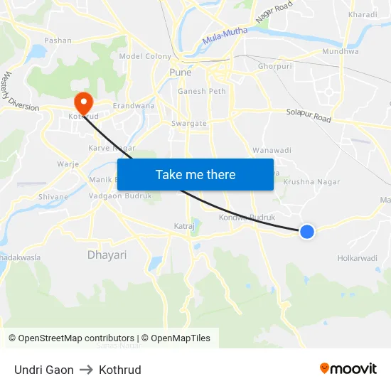 Undri Gaon to Kothrud map